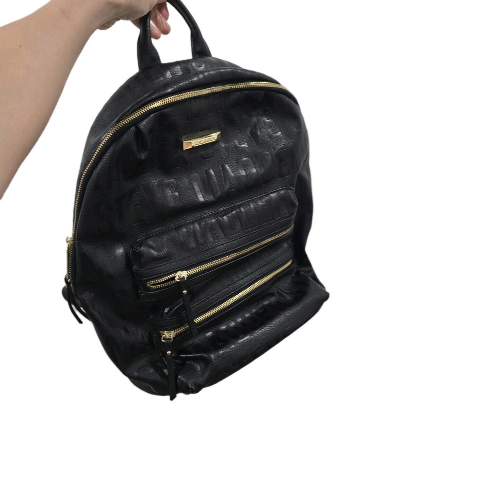 Steve‎ Madden Black Pebbled Vegan Leather Backpack Embossed Logo Gold...